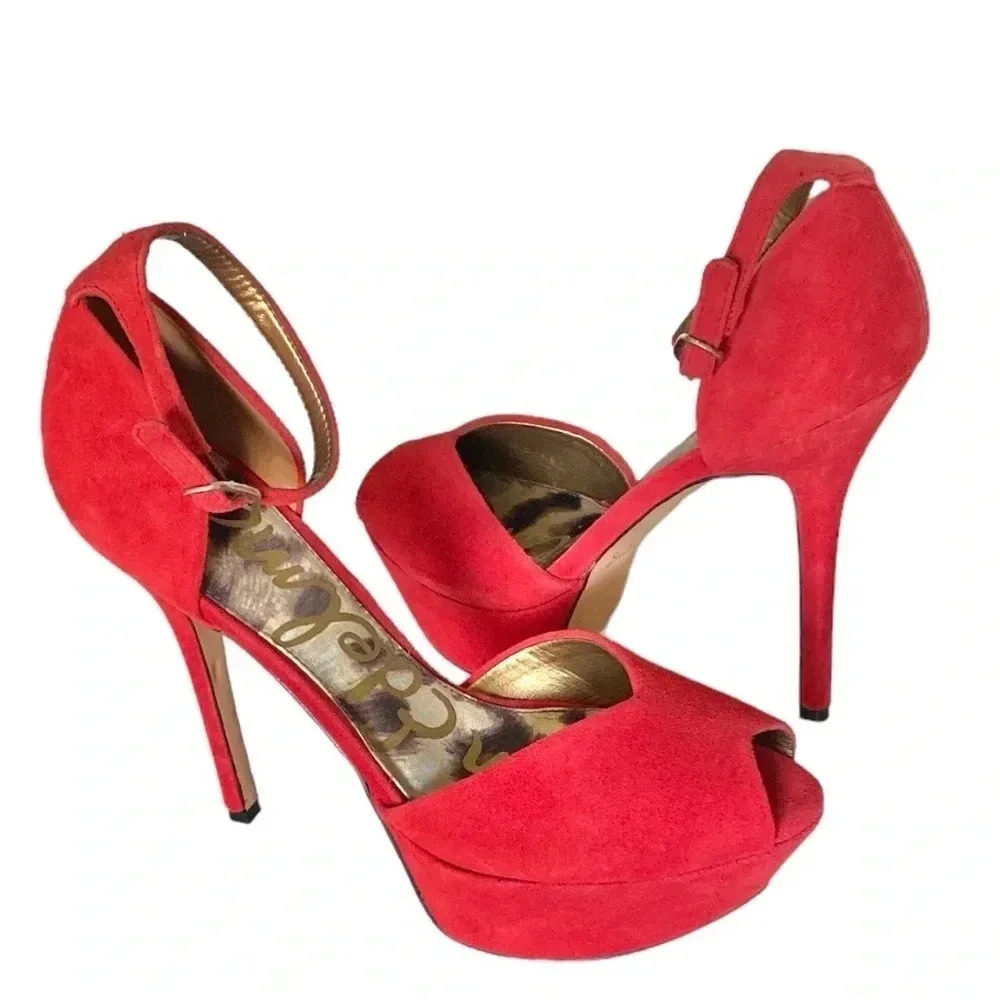 SAM EDELMAN | Marina Round Peep Toe Ankle Strap Red Platform Stilettos Size 9M